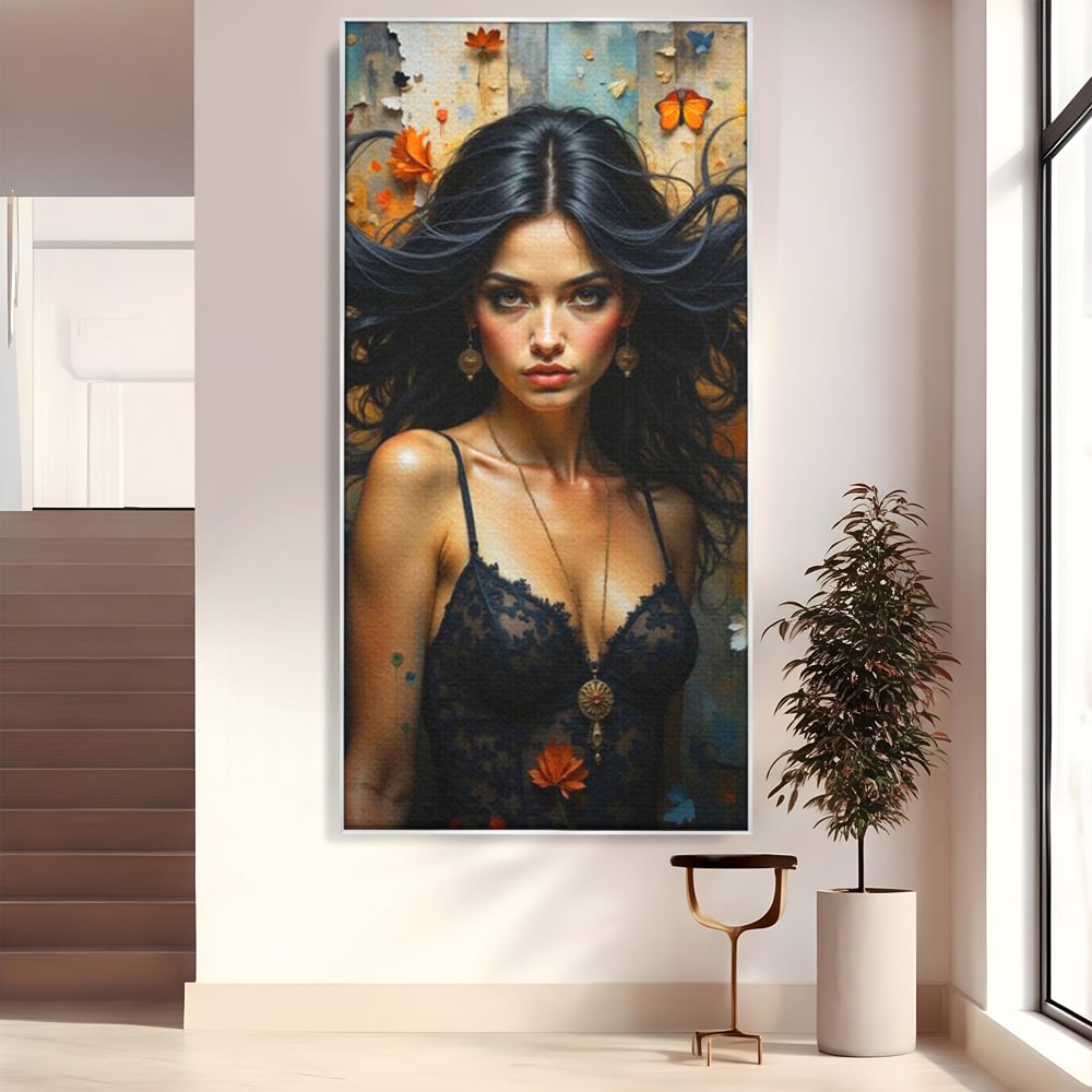 Tablou canvas cu tablou canvas cu portret de femeie par negru fluturi si frunze, in rama de aluminiu argintiu